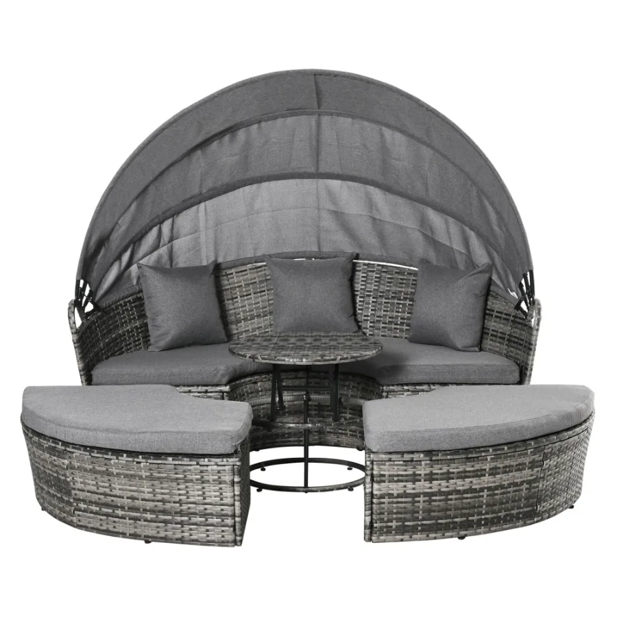 

4 Pieces Patio PE Wicker Lounge Set Rattan Garden Conversation Furniture Set Round Sofa Bed with Canopy Cushioned Coffee Table