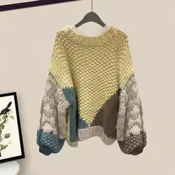 Color Blocking Coarse Yarn Pullover Sweater for Women Autumn and Winter New Style Loose Fashion Retro Lazy Style Knitted Tops