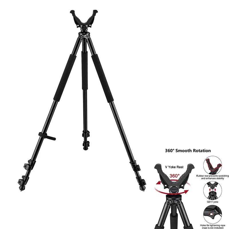 

Aluminum Tripods with 360° V Yoke Rest 31.5" - 74" Sticks Lever Lock High Density Foam Handle and Spike Feet for Outdoor