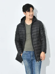 2023 Men's Down Jacket Mid-Length Winter Thin style 90% White Duck Down Jacket Coat Hooded Multi-Pockets Men Slim Warm Overcoat