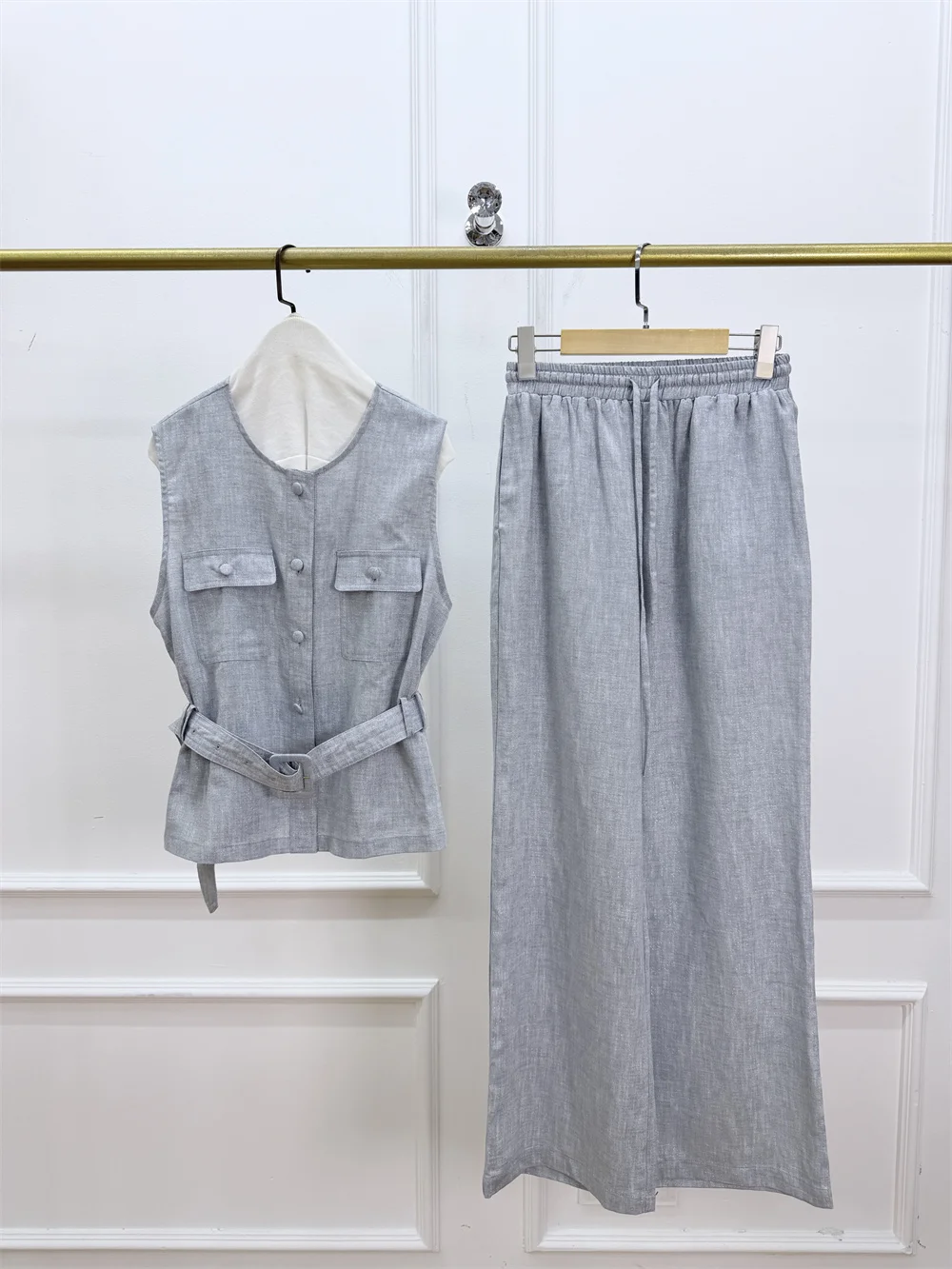 

Summer Thin 2 Piece Set Single-Breasted Silver-Threaded 100 Linen Vest Sleeveless Top And Wide-Leg Pants Suit For Women
