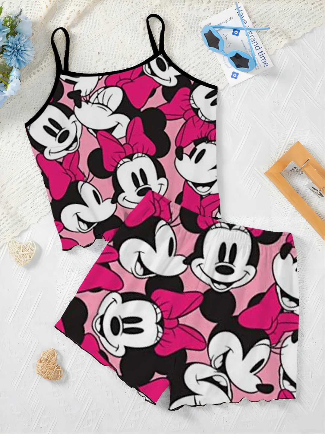 Home Dress Pajama Skirt Women\'s Suit Minnie Mouse Lettuce Trim Top T-shirt Mickey Short Sets Disney Pieces Elegant Disney Mickey