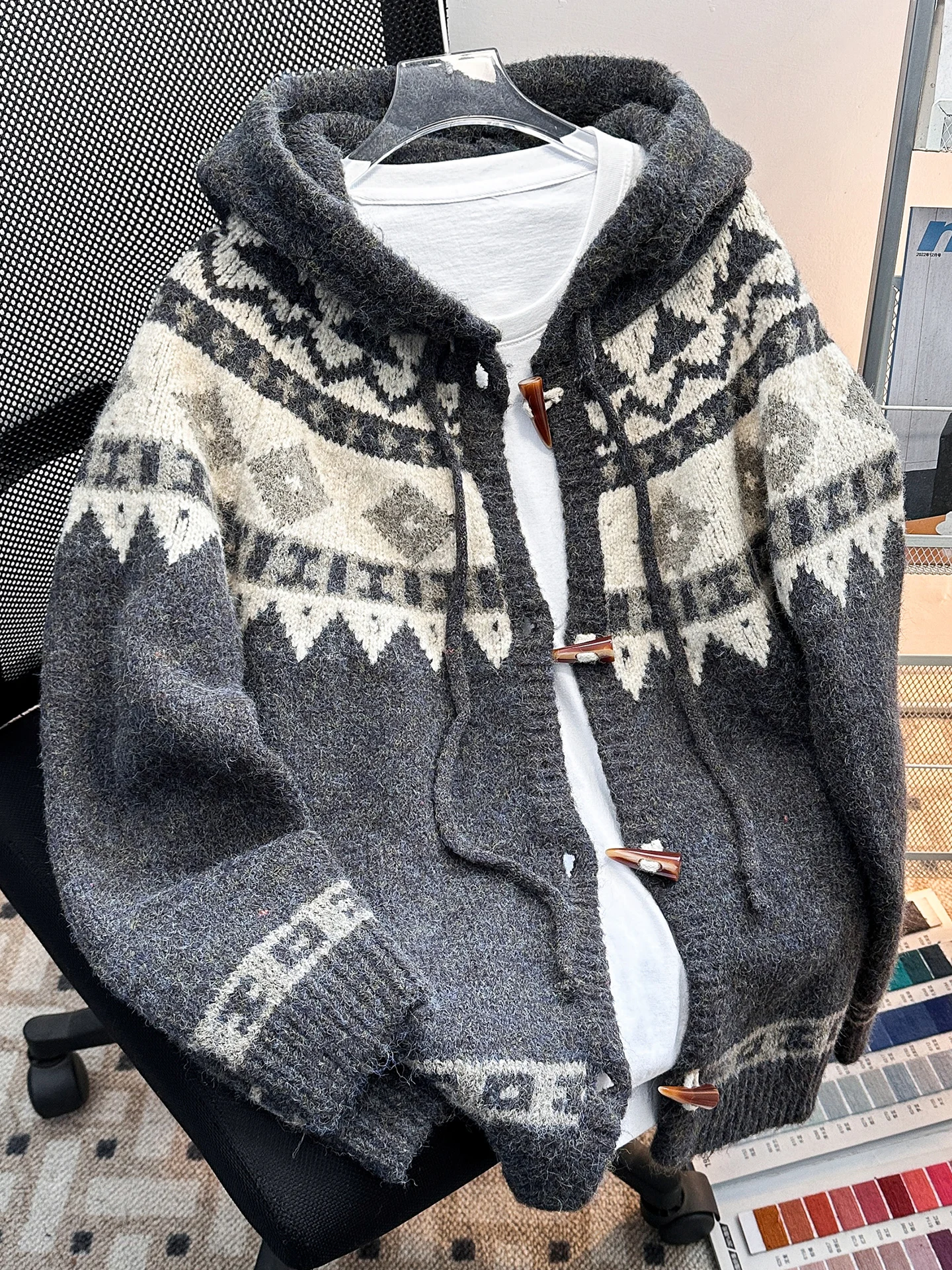 

Autumn Winter Men's Knitted Cardigan Hooded Sweater Casual Vintage American Sle Trendy Brand Youth Student Geometric Pattern