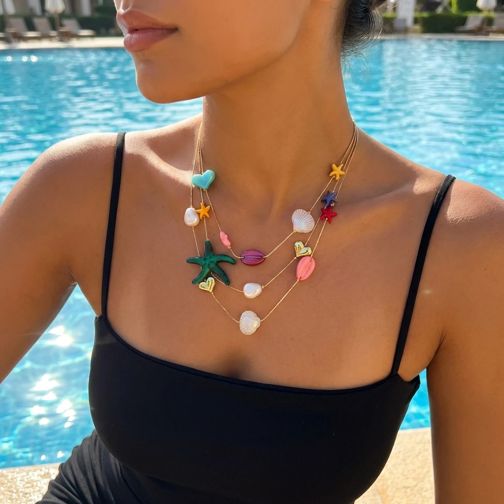 

3Pcs/Set Colorful Heart Shell Sea Star Layer Necklace for Women Bohemian Imitation Pearl Charm Chain Party Jewelry Gift