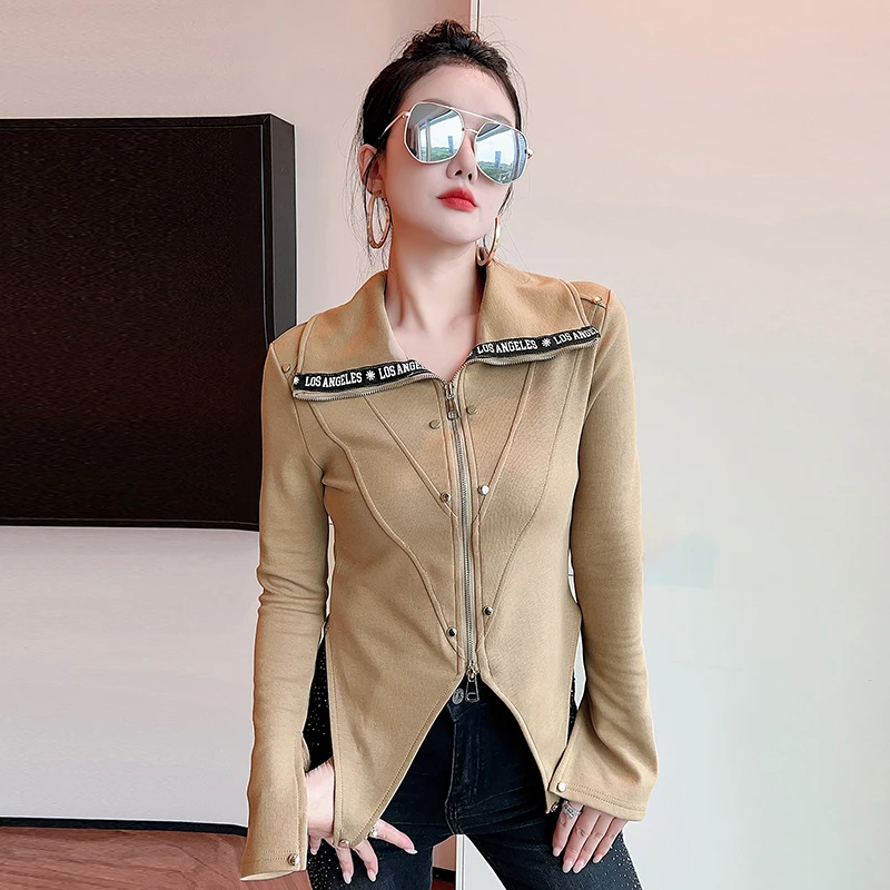 MadBlack-Women European T-Shirt, Sexy Turn-down Collar Zipper, Vintage Long Sleeve Slim M-3XL Knit Tee, 2026 Autumn New T69335CC