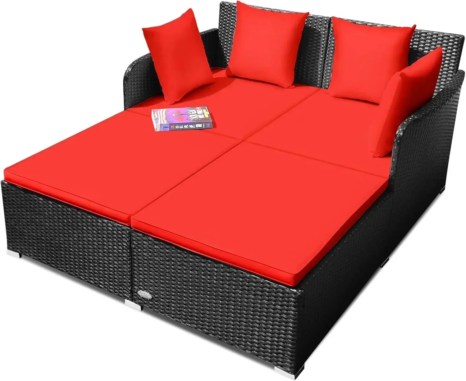 Outdoor Rattan Daybed, Patio Loveseat Sofa Set w/Comfortable Cushions Extra Pillows & Metal Foot, Sunbed Wicker Furniture