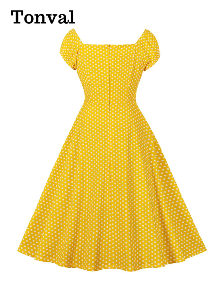 Tonval Sweetheart Neck Off Shoulder Party Elegant Women A-Line Vintage Dress Summer Clothes Cotton Polka Dot Dresses in Yellow