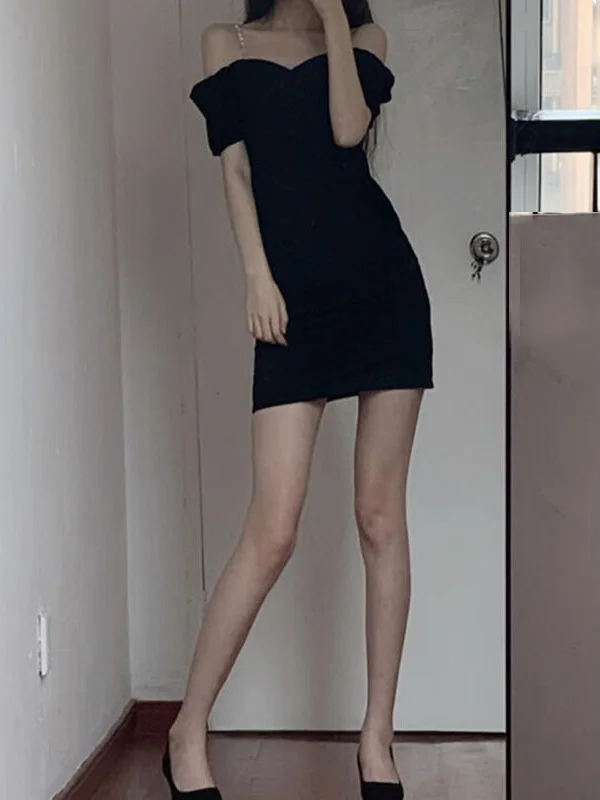 Black temperament goddess style one shoulder dress summer night sexy women's dress with suspender wearing super hot short 8J79