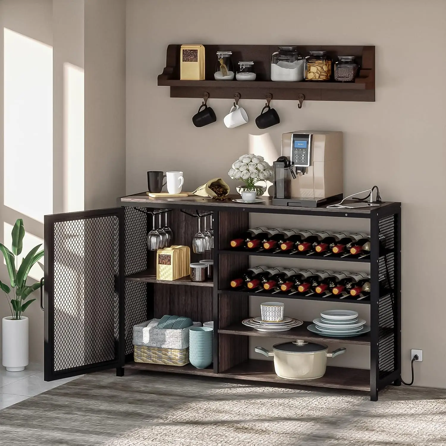 

Bar Cabinets for Home,LED Coffee Bar with Power Outlets,47 Inch Sideboard,Industrial Liquor Cabinet with Wine Rack and Glass