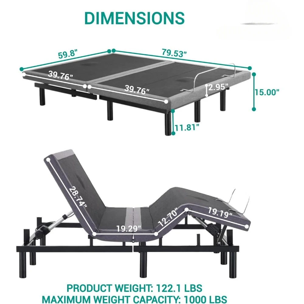 Adjustable Bed Frame with Lumbar Support & Head Tilt, Back & Leg Massage, USB Ports, Massage Beds with Wireless Remote, Bed