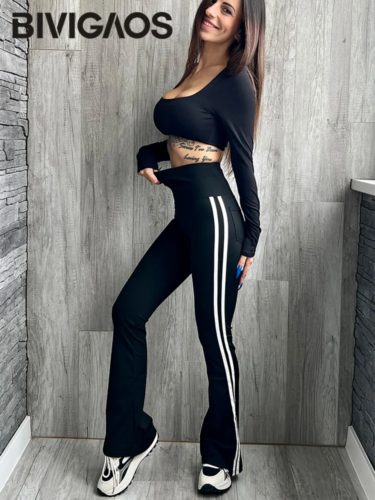 BIVIGAOS Striped Black Micro Flared Shark Pants Women High Waist Slim Sport Pocket Flared Leggings Spring Autumn Horseshoe Pants