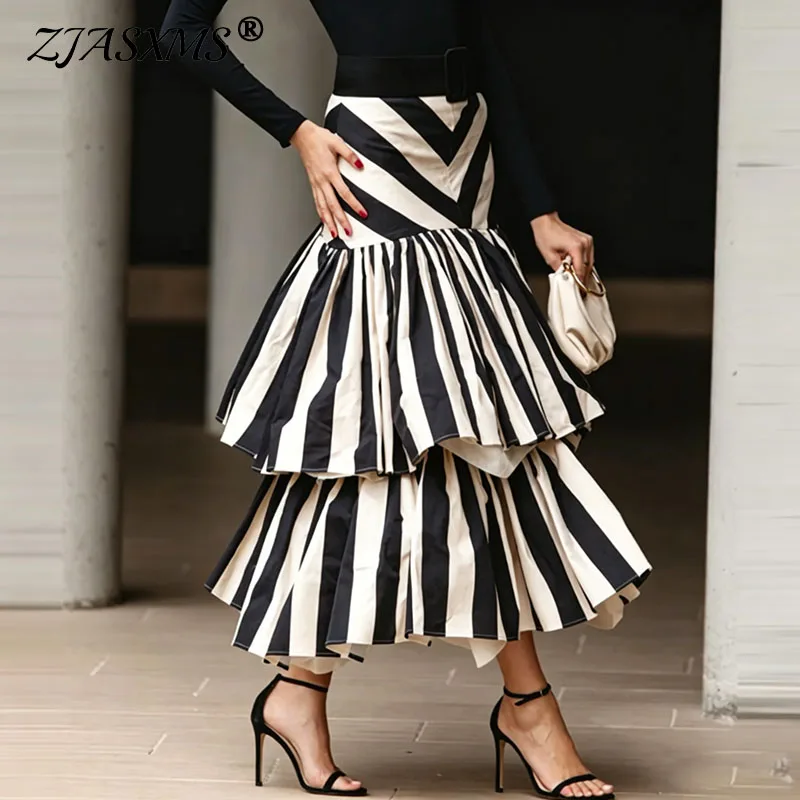 Women Striped Tiered Long Maxi Skirts High Waist Contrast Ruffle Hem Loose A‑Line Skirt Fashion Casual Holiday Daily Wear Skirts