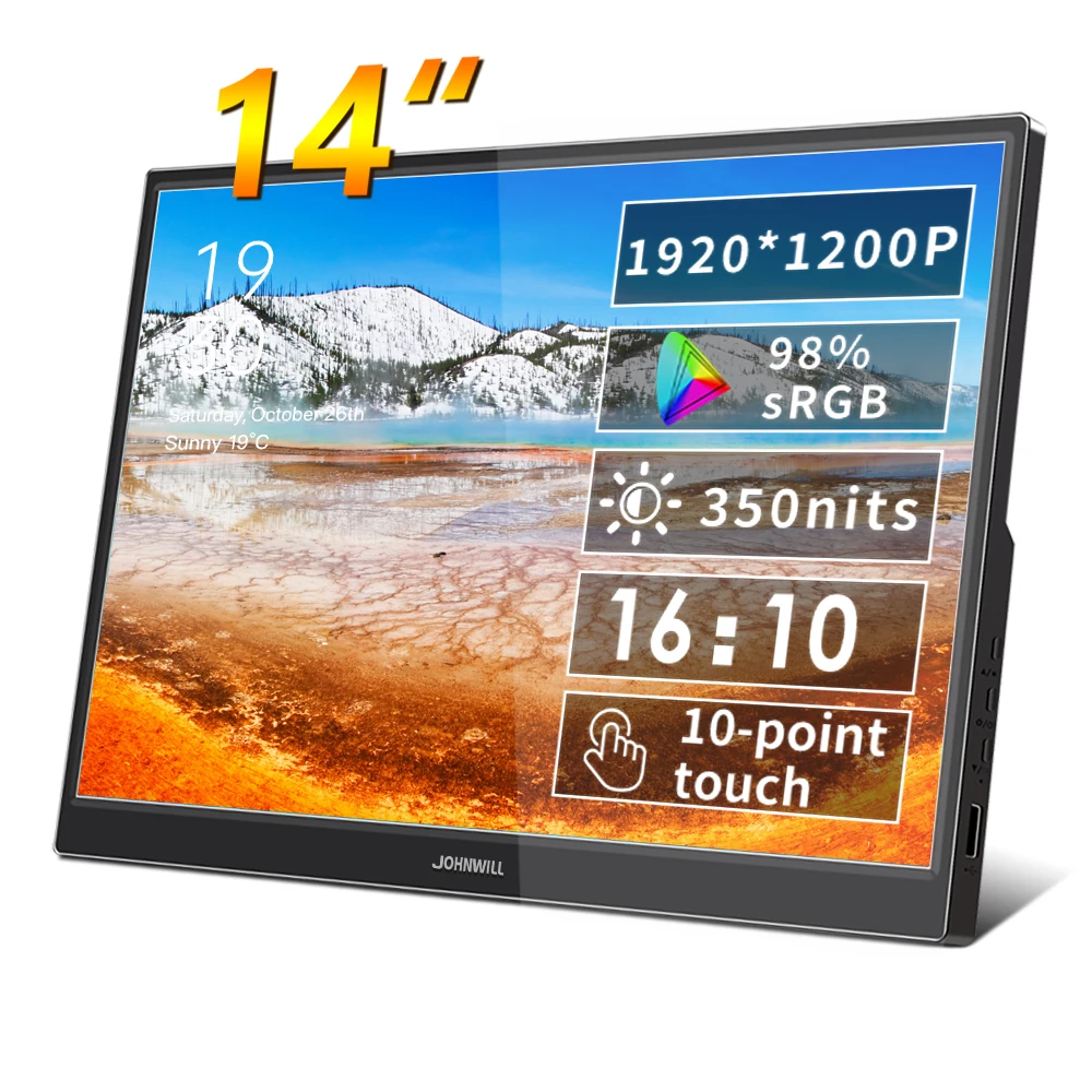 JOHNWILL-14' Portable Monitor Touchscreen IPS HDR 1920 X 1200P with USB-C HDMI for Laptop/PC/Phone/Xbox/Switch/PS4/Raspberry Pi