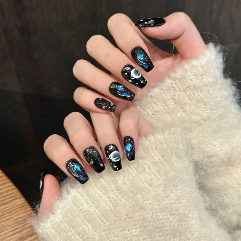 10Pcs Handmade Press on Nails Fake Nails with Planet Patterns Design Wearable Stick-on Nails Full Cover False Nail Uñas Postizas