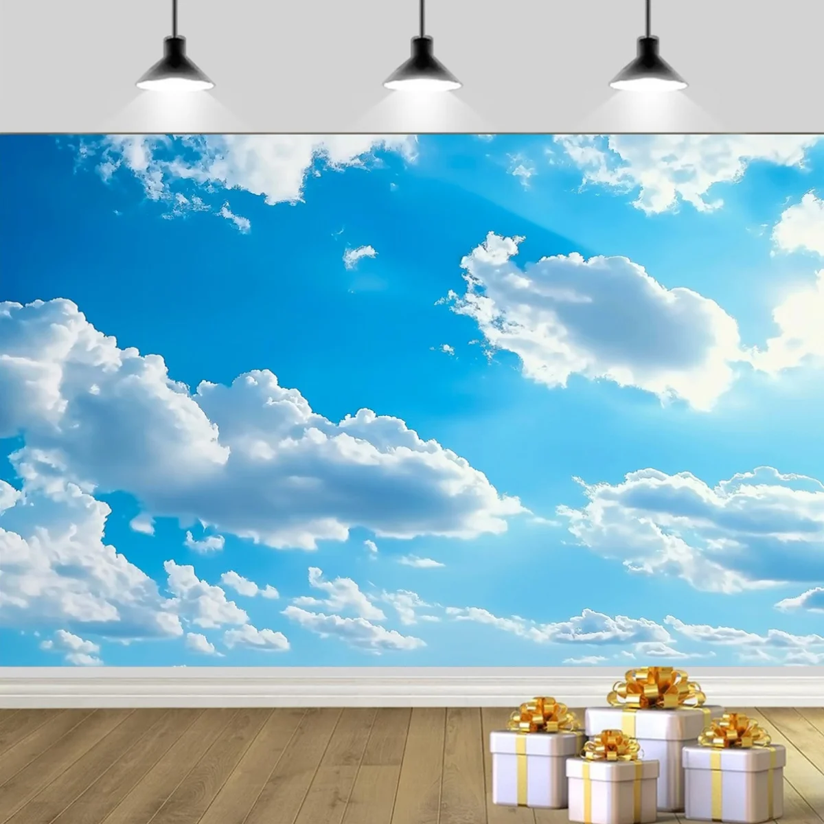 Blue Sky White Clouds Sunlight Gift Boxes 2D Flat Tapestry Backdrop For Event Photography Studio Decor Bright Sky Wall Hanging