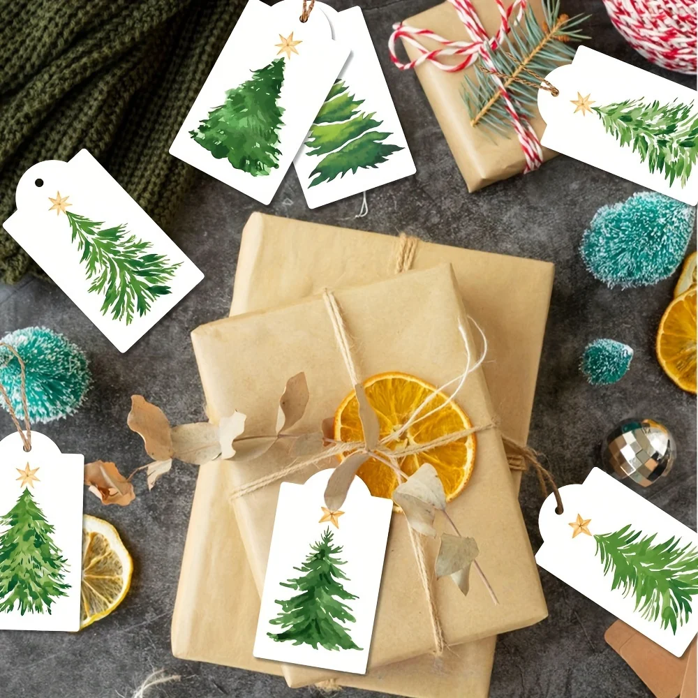 60 Stück Karten Weihnachten Aquarell Kiefer Geschenkanhänger Festliche Hängeetiketten Verpackungsbox Dekoration Geschenkanhänger mit 30 m Hanfseil – Detail 2