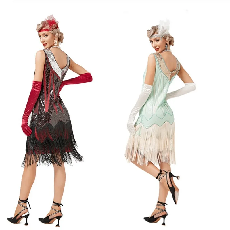 1920S Vintage V-neck Fringe Dress Gatsby Costume Latin Dance Ball Sequined Beaded Dress with Gloves Halloween Cosplay Lady