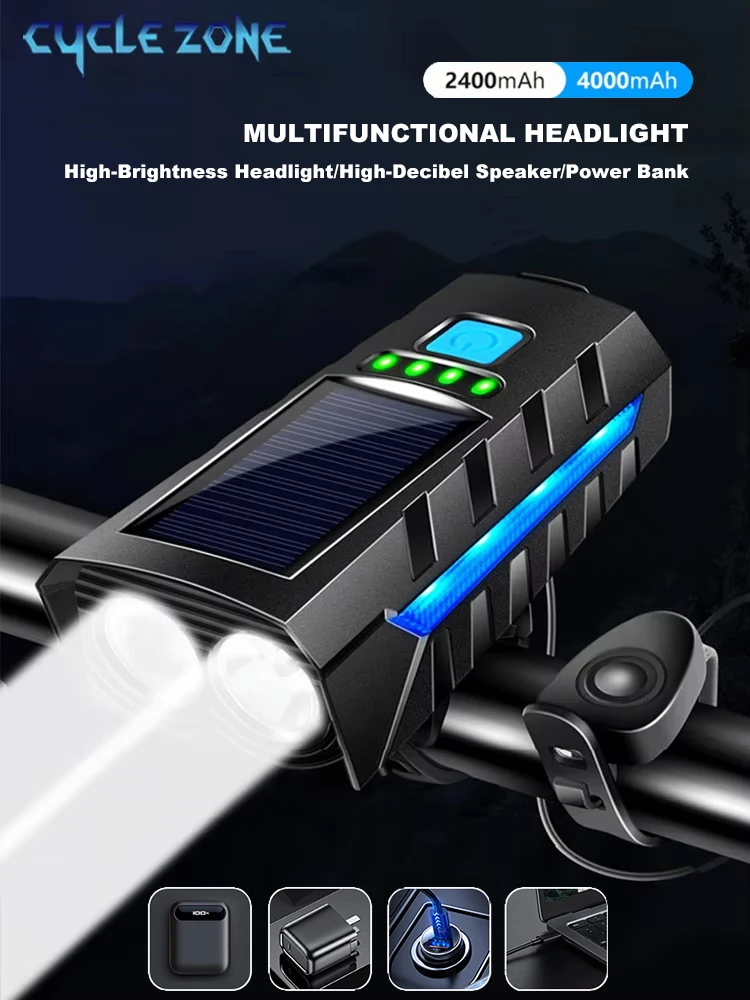 AliExpress cycle zone Solar Rechargeable Horn Front Light Type-C LED Headlight Bell Bicycle Lamp MTB Road Bikes for Outdoor Riding Cycling Accessories