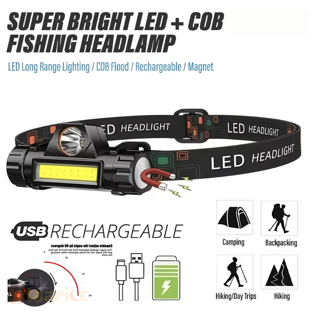 COB LED Powerful Headlamp USB Rechargeable Lamp with Magnetic Super Bright Waterproof Headlight Outdoor Emergency Working Light
