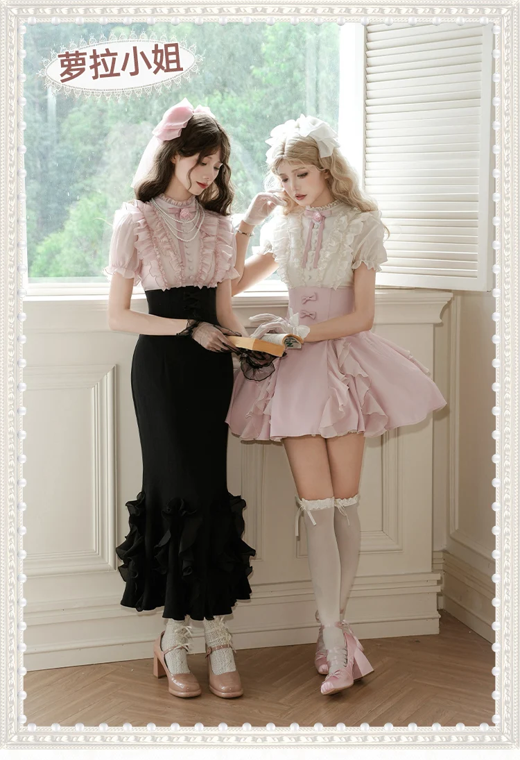 

Miss Lola With Puji Original Design Fake Two Piece Long/short Waist Fishbone Dress Summer Sweet Lolita Girl Dress