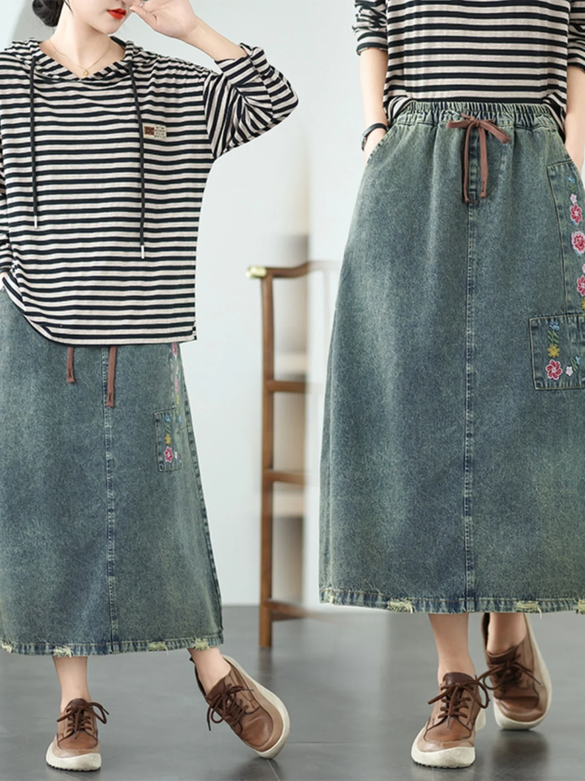 Primavera Estate New Fashion Vintage Flower Ricamo Gonna di jeans casual da donna Vita elastica A-line Abito femminile di media lunghezza