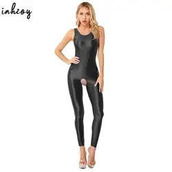 Womens Glossy Sexy Open Crotch Jumpsuits Bodysuit Solid Color Sleeveless Zip Catsuit Tights Leggings Clubwear Nightwear Playwear