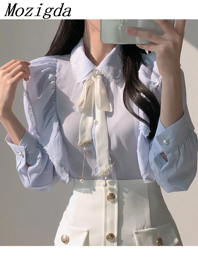 

Spring Summer Women's Ruffles Cute Bow Tie Ladies Tops Preppy Style Vintage Korea Design Button Elegant Formal Shirts Blouses