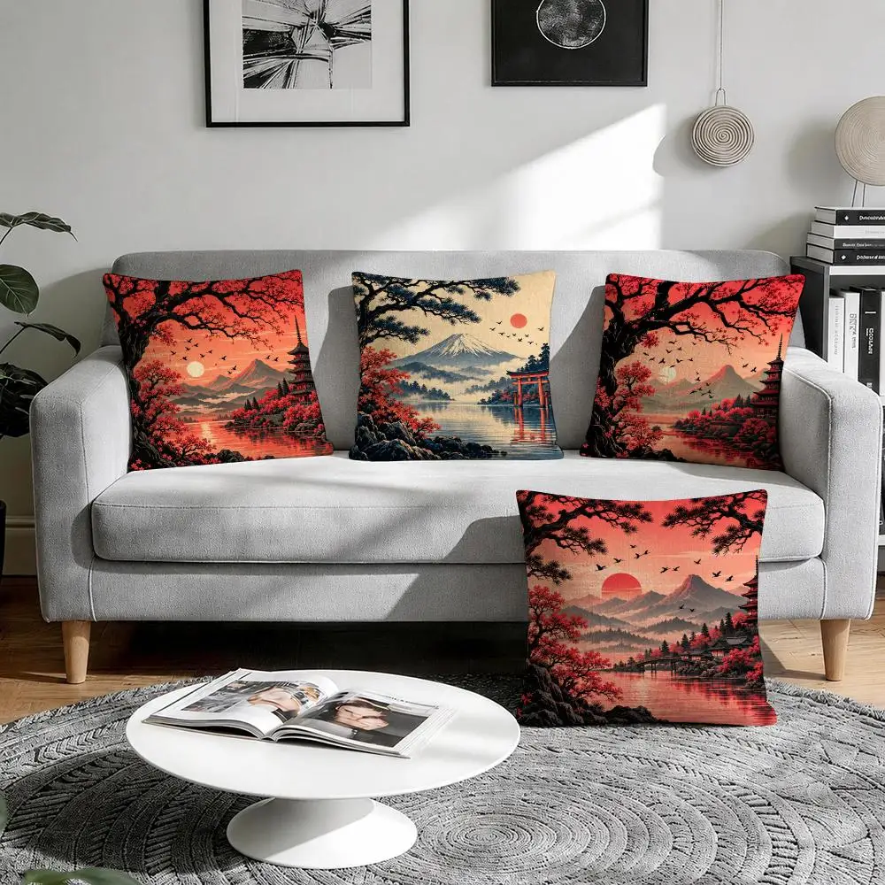 Red Pagoda Bold Serene Cushion Cover 1/4Pcs Linen Throw Pillow Covers Double-Side Print Sofa Couch Living Room Decor