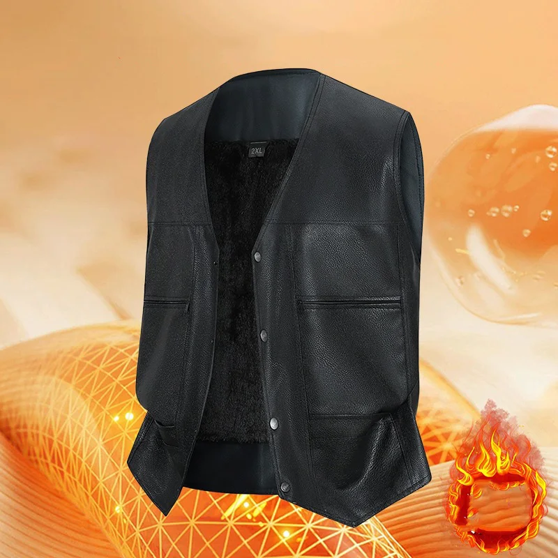 Men Leather Vest Autumn Winter Simple Solid Color Round Neck Male Waistcoat Single-breasted Sleeveless Man Plush Coat