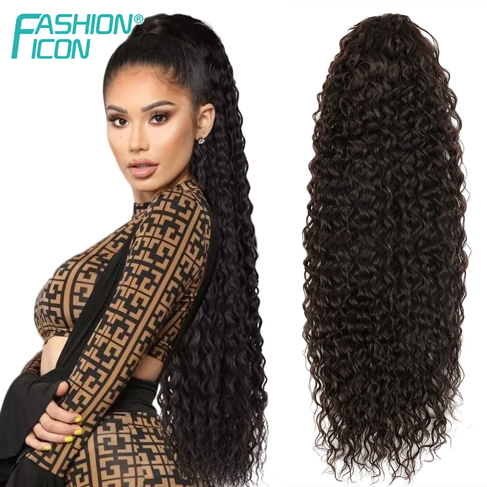 30Inch Curly Ponytail Synthetic Long Kinky Curly Hair Exetension Drawstring Ponytail Water Wave Ponytail Clip-on Ponytail