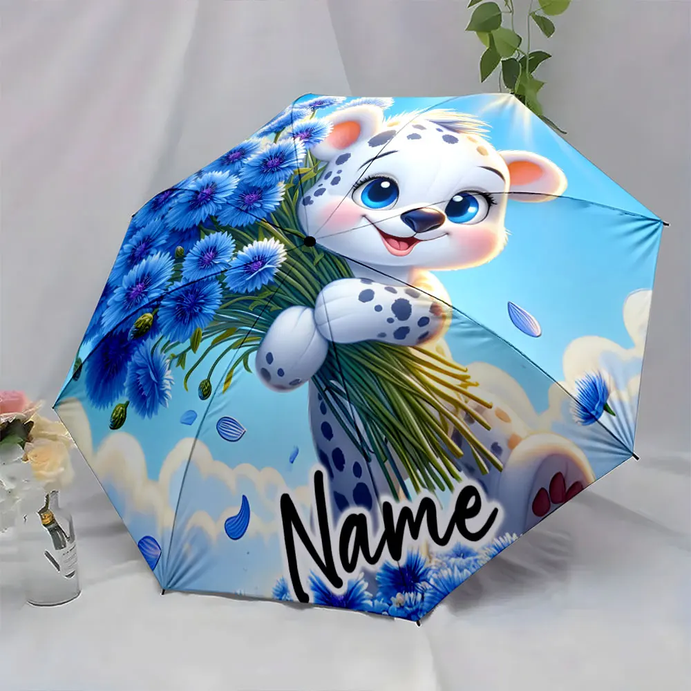 Custom Name  Adorable Leopard Holding Blue Flowers Umbrella Print 8 Iron Ribs Folding Umbrella Auto-Open Fashion Sunshade