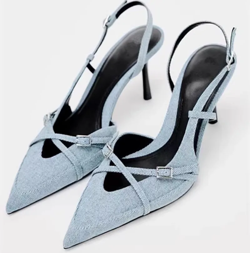 

Сексуальные модные джинсовые сандалии с полым ремешком на голову, сабо на среднем каблуке для женщин, без шнуровки с низким вырезом, повседневная одежда, клей, резиновая подошва
