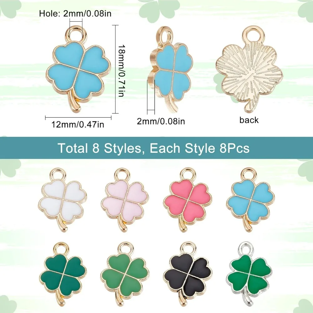 1 Box 64Pcs 8 Colors St Patrick Day Charms Four Leaf Clover Charm Enamel Shamrock Irish Charms Saint Patricks Green Leaves Charm