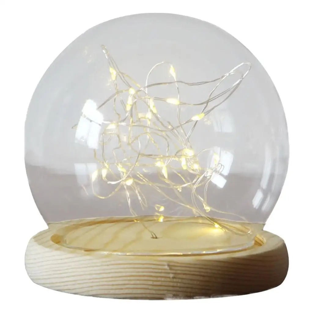 Dustproof Clear Glass Dome Ball Cover with Light String Jar with Wood Base Display Case for Preserved Flower Home Decor Birthday