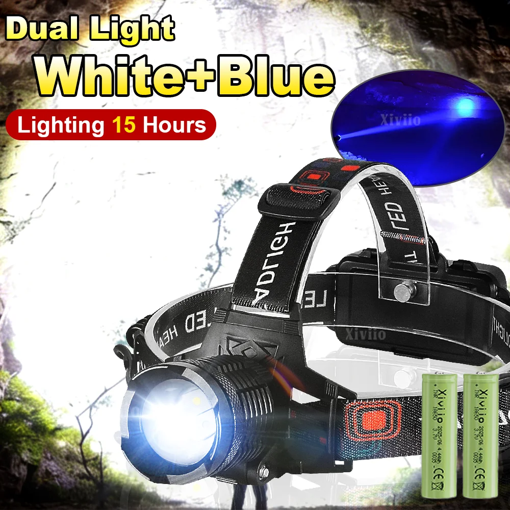 

Ultra Powerful LED Headlamps Super Bright White+Blue Dual Light Rechargeable Headlights 4 Modes for Fishing Camping Search 18650