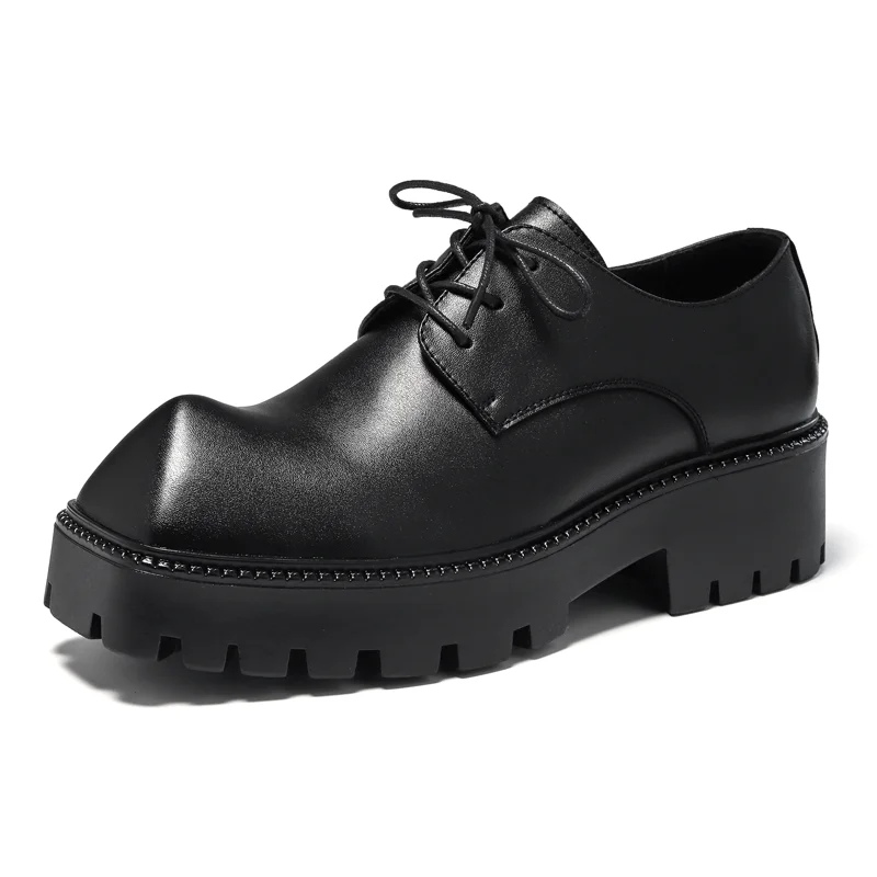 Men's Big Head Leather Niche Design Casual Platform Rhino Horn Square Head Derby Single Sneakers Shoes
