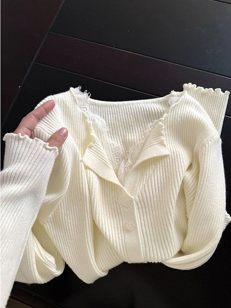 

Пастельный вязаный свитер, женский облегающий кружевной топ с завязками на талии, корейский длинный свек, круглый, теплый, повседневный, Spri...