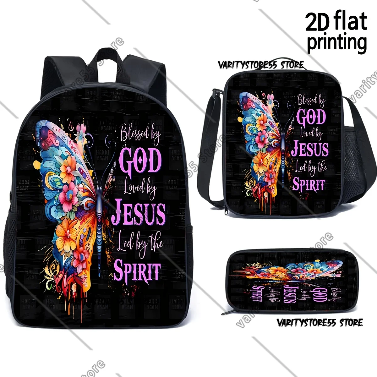 

Религиозный рюкзак с изображением бабочки для школьников (мальчиков и девочек), сумка для ноутбука, наплечная сумка, 3 предмета: термосумка для обедов и пенал