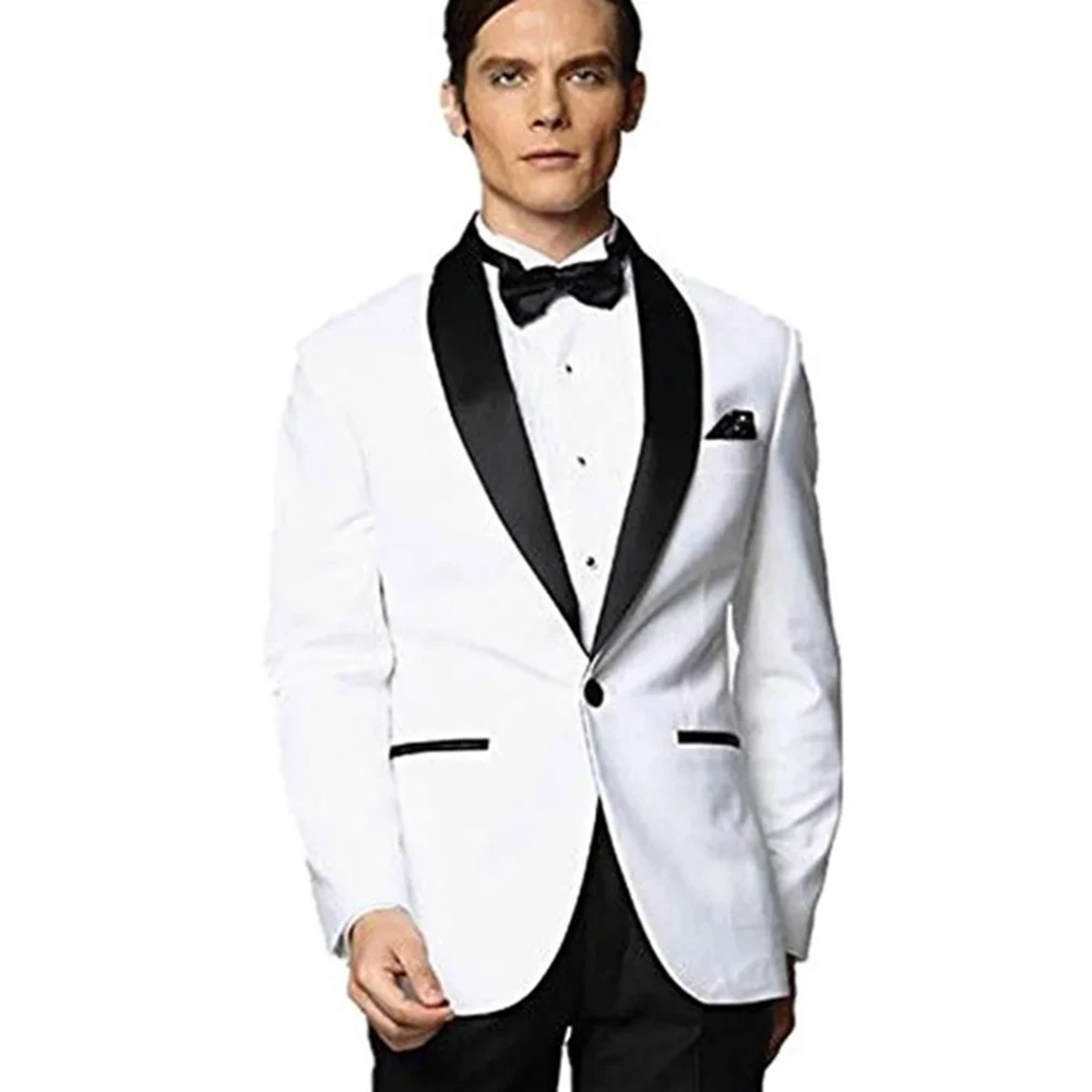 Luxury White Jacket for Male Black Shawl Lapel Single Breasted One Piece Men\'s Outerwear Formal Business Wedding Party Men Coat