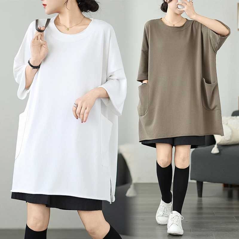 เสื้อยืดผู้หญิงทรงหลวม แขนสั้น ผ้าคอตตอนผสม ใส่สบาย ซ่อนสะโพก ไซส์ใหญ่ สำหรับฤดูร้อน