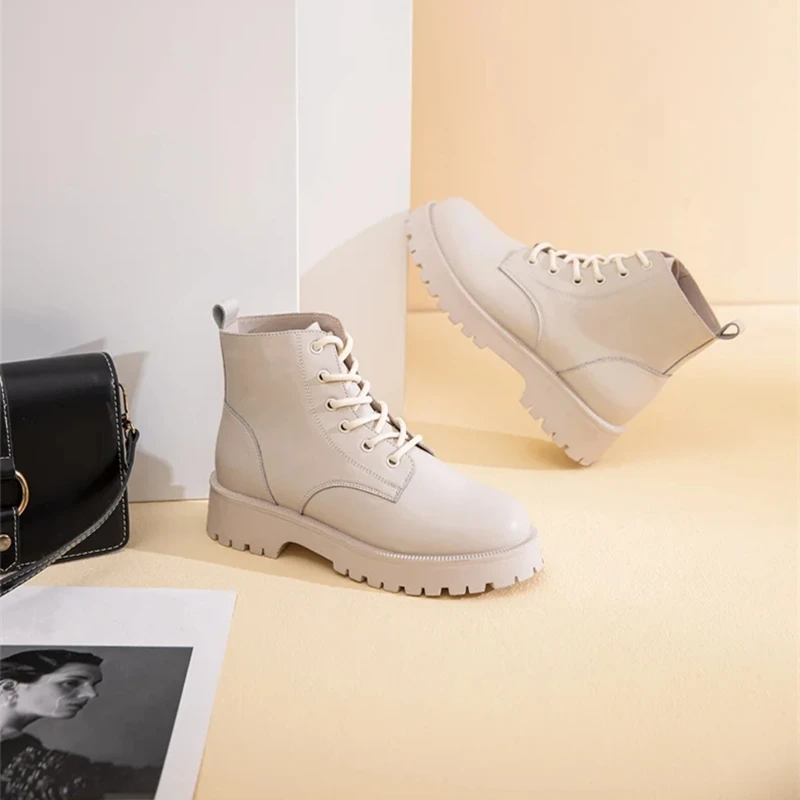 Women Ankle Boots Genuine Leather 2025 New Autumn Fashion Women Short Boots British Style Thick-soled Women's Motorcycle Boots