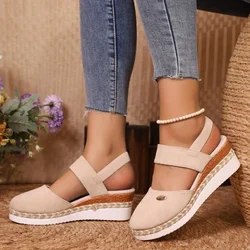 Summer Women Linen Plain 6cm Wedge Sandals Handmade Ladies Casual Comfortable womens shoes