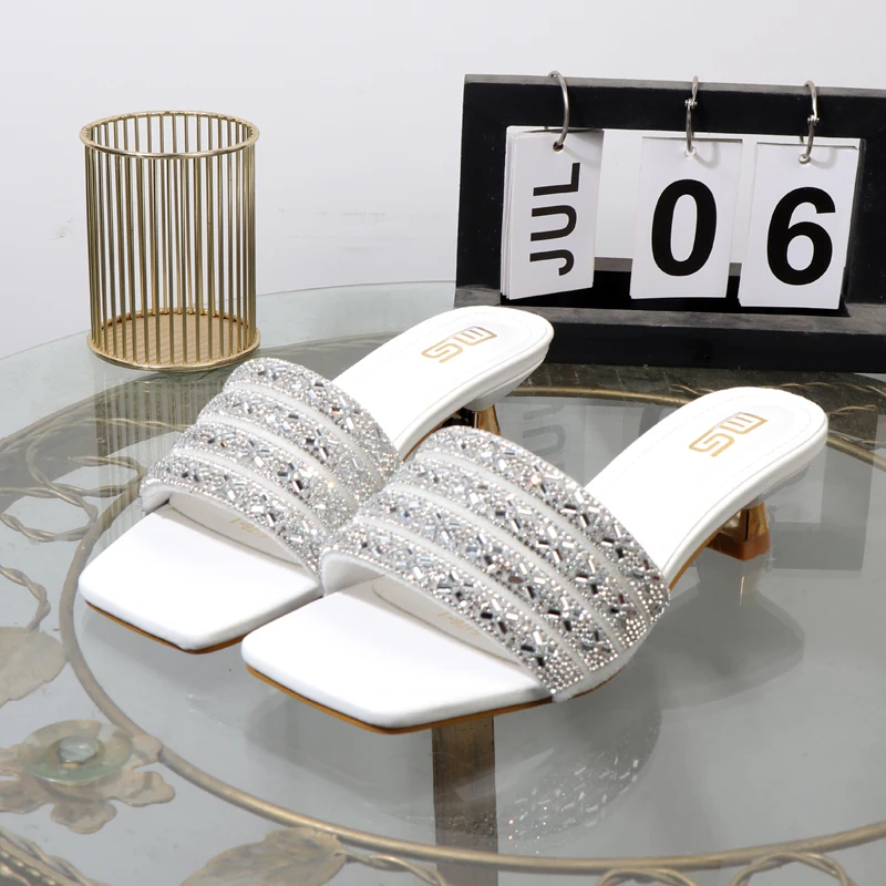 ladies slippers summer 2024 new fashion wear luxurious outside high heels rhinestone square toe black sandals with heel 4CM