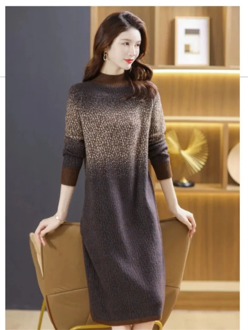 2024 New Gradient Color Medium Long Woolen Dress Women's Lnterior Fashionable Temperament Anti-aging Knitted Dress Versatile