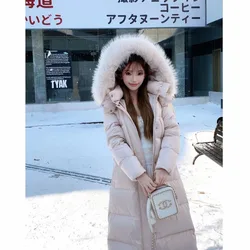 Faux Fur Down Jacket Women Pink Hooded Cotton Clothes Thicken Warm Trend Fashion Long Parkas Female Winter Padded Coat Outerwear