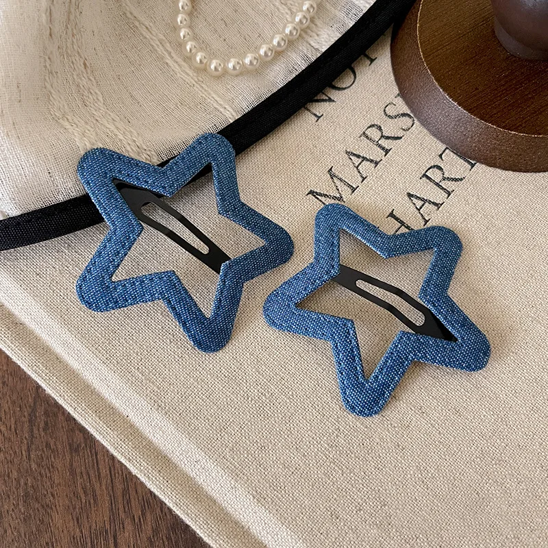2 Stück/Set Niedliche Denim-Blaue Stern-Haarspangen für Mädchen Karierte Haarklammern Damen Wolken-Haarnadeln Kinder Pony-Stern-Clips Haaraccessoires – Detail 5