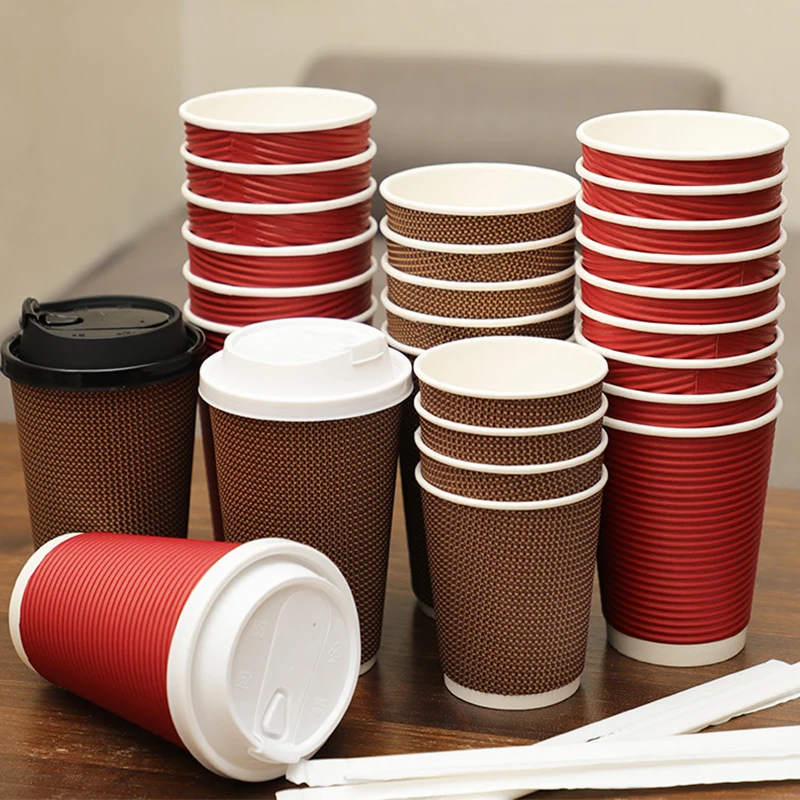【P】25pcs/set 8oz Coffee Cups Double Wall Insulated Paper Coffee Cups With Lids Disposable Stripe Portable Paper Cups