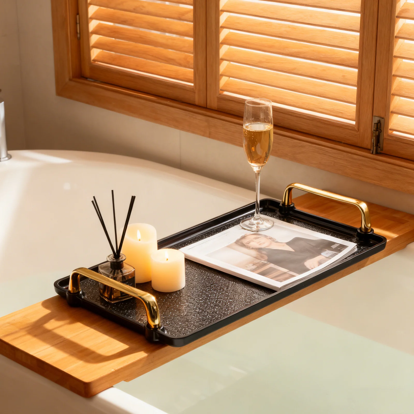 

Bath Tray Black Plastic Serving Tray With Handles Rectangular For Bathroom Bathtub Shelf Countertop Organizer Storage Kitchen