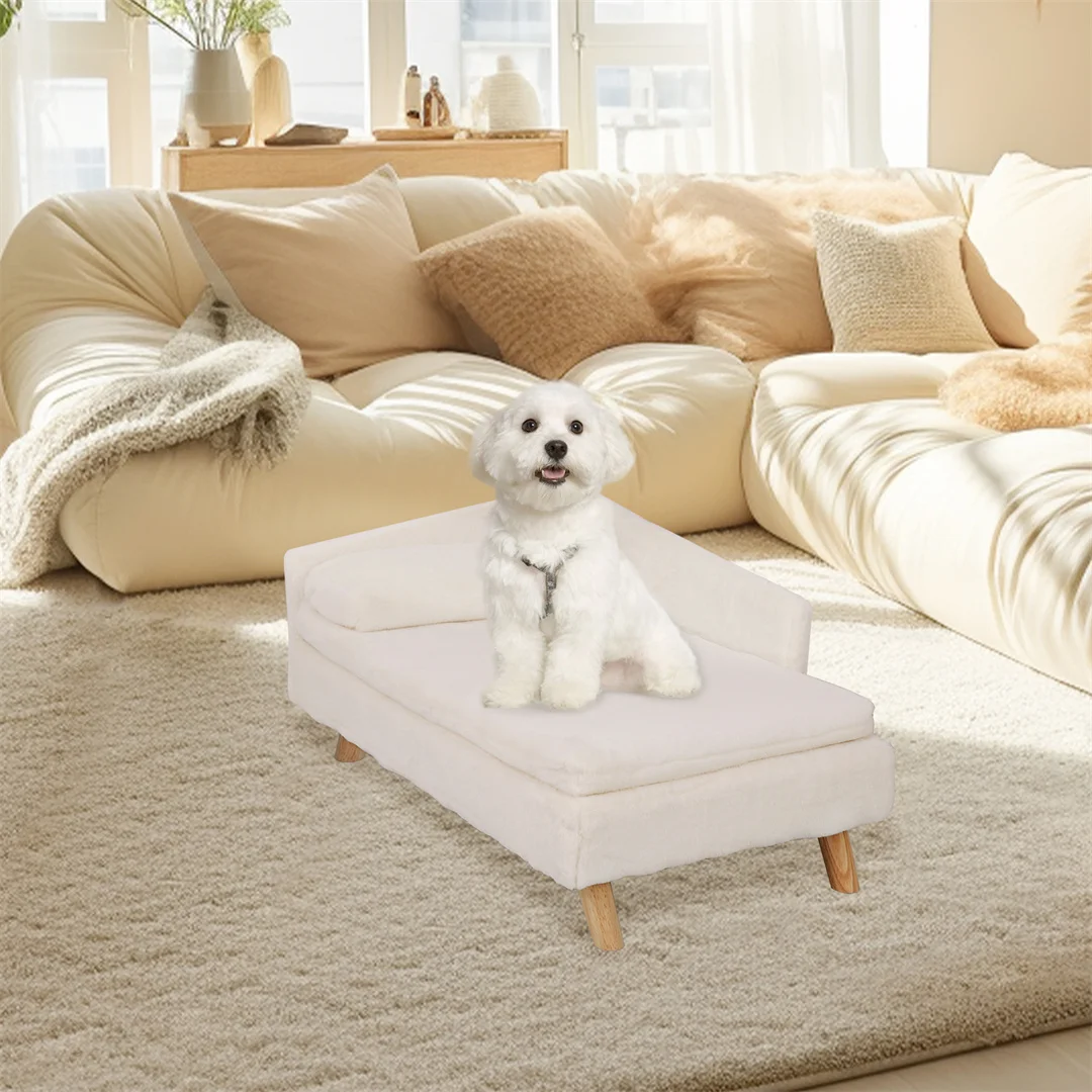 L Shape Dog Sofa Bed Cat Cushion Chaise Stool Soft Warm Nesting Couch with Rubber Wooden Legs