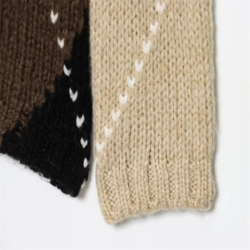 Argyle-Strickpullover für Damen, Farbblock-Pullover mit Rundhalsausschnitt und langen Ärmeln, warme Strickwaren im Retro-Stil für Herbst-Winter-Shirts